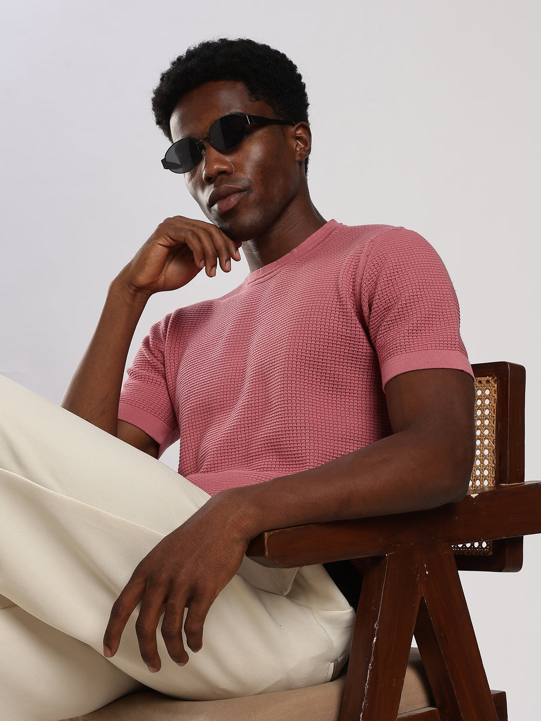 Pink Textured Regular Fit Round Neck Flat Knit T-Shirt