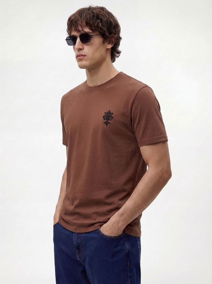 Brown Boxy Fit Printed Round Neck T-Shirt