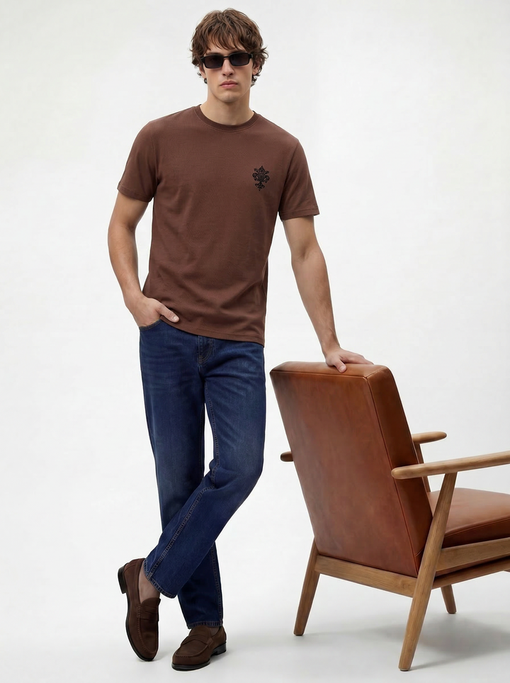 Brown Boxy Fit Printed Round Neck T-Shirt
