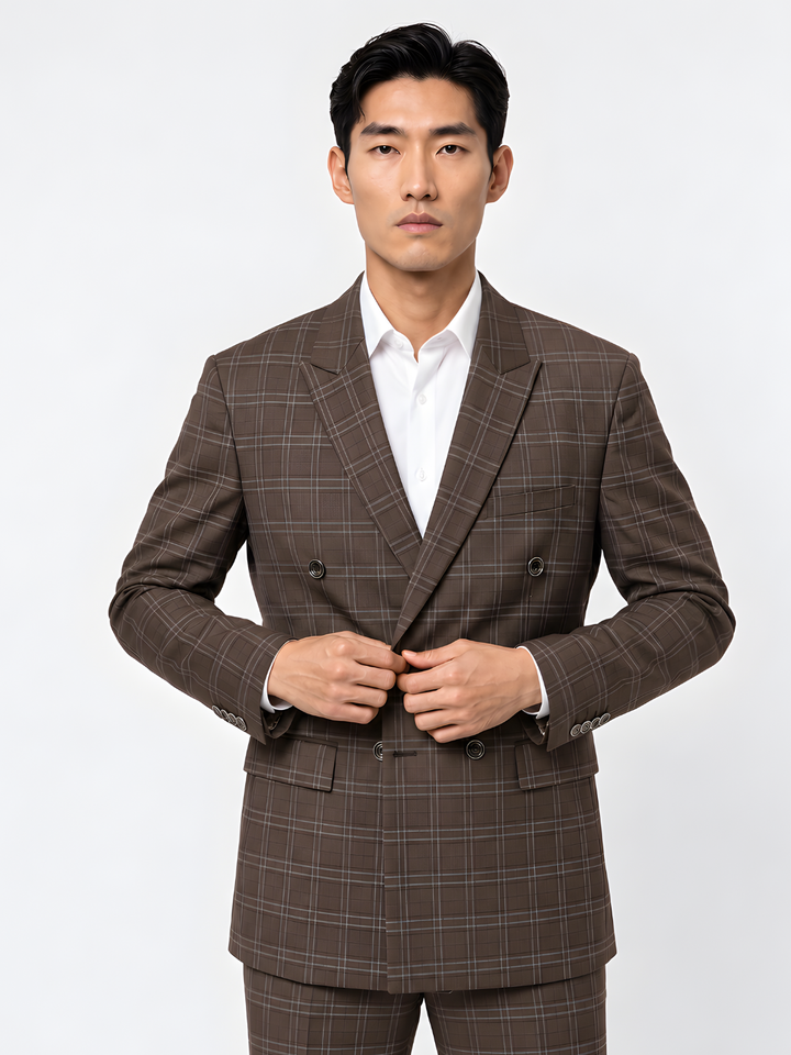 Brown Checked Slim Fit Lapel Collar Double Breasted Causal Blazer