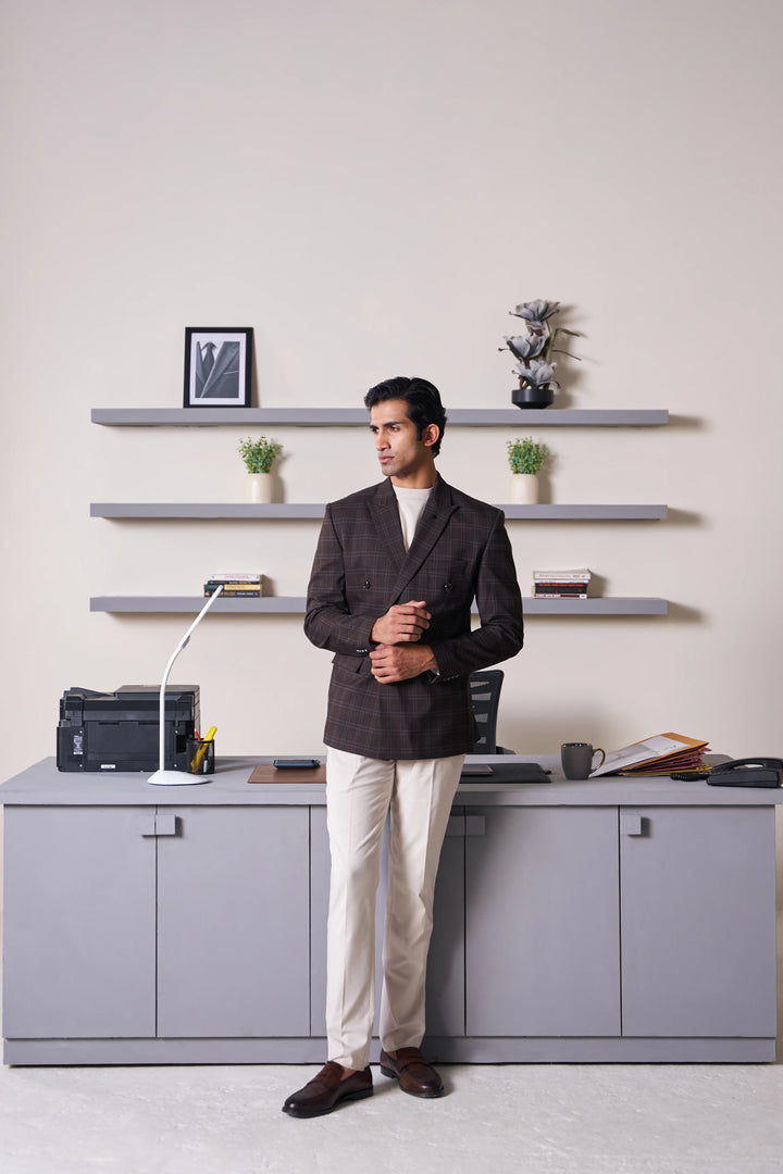 Brown Checked Slim Fit Lapel Collar Double Breasted Causal Blazer