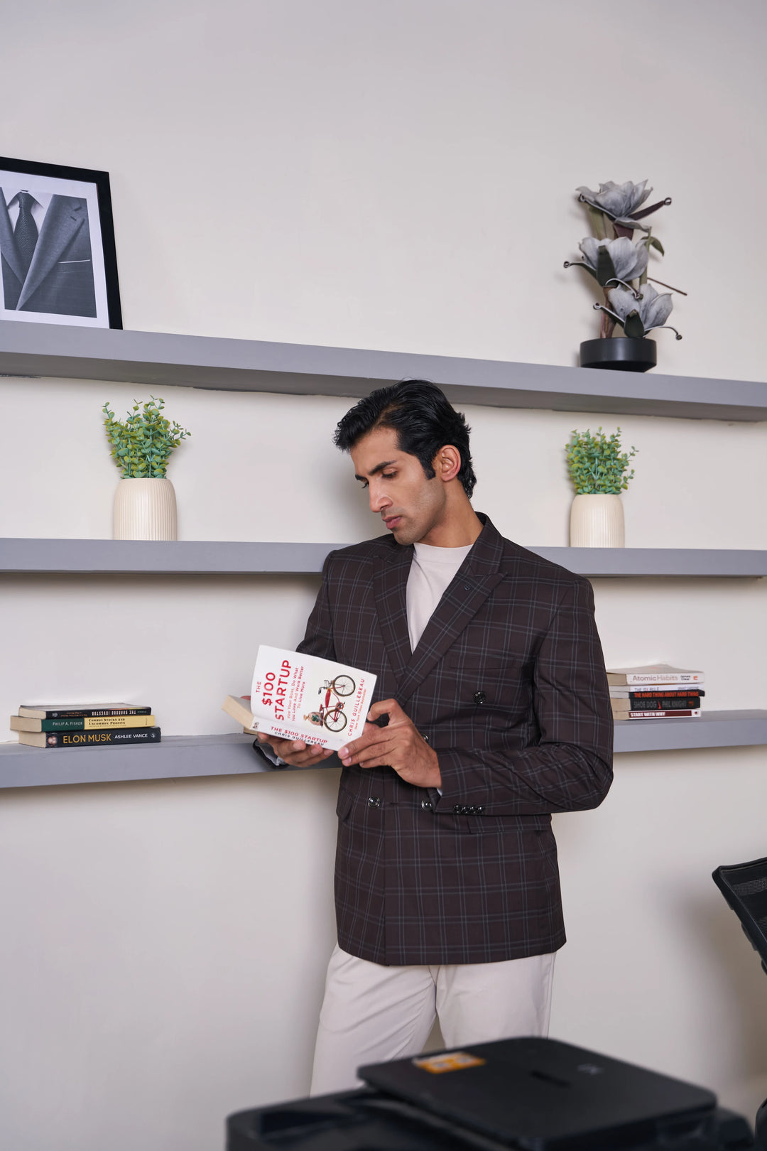 Brown Checked Slim Fit Lapel Collar Double Breasted Causal Blazer