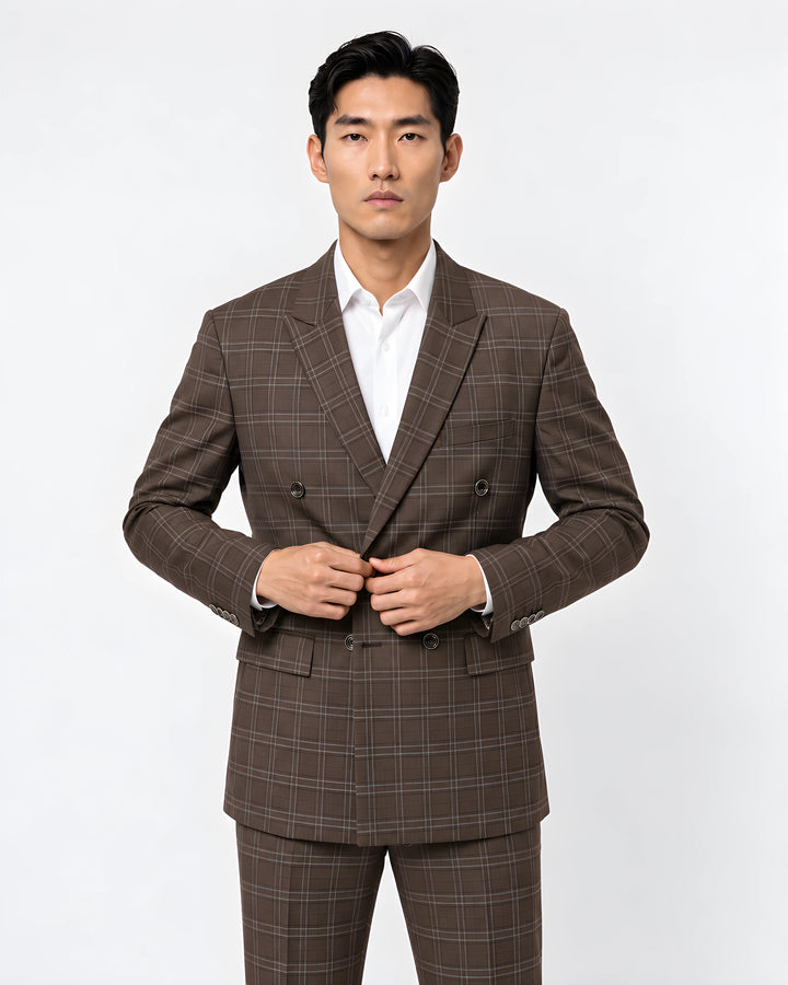 Brown Checked Slim Fit Lapel Collar Double Breasted Causal Blazer