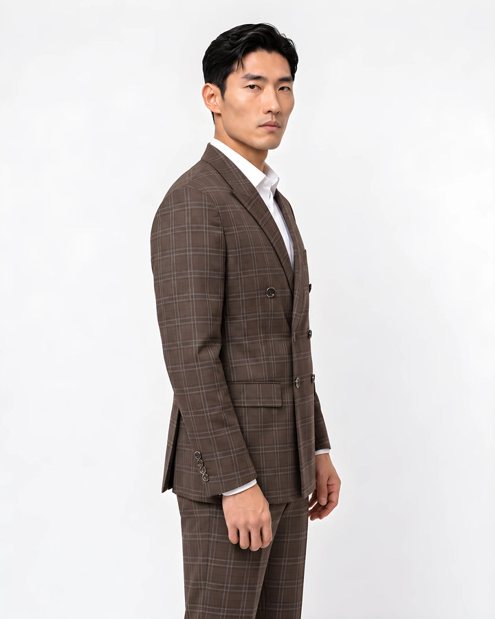 Brown Checked Slim Fit Lapel Collar Double Breasted Causal Blazer