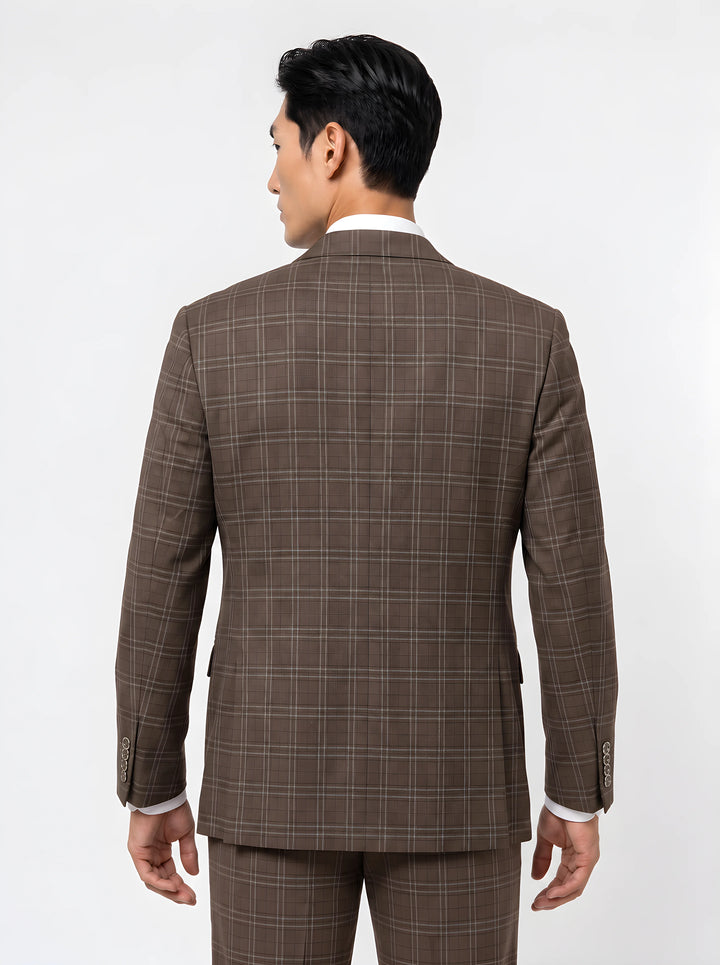 Brown Checked Slim Fit Lapel Collar Double Breasted Causal Blazer