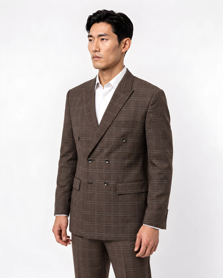 Brown Checked Slim Fit Lapel Collar Double Breasted Causal Blazer