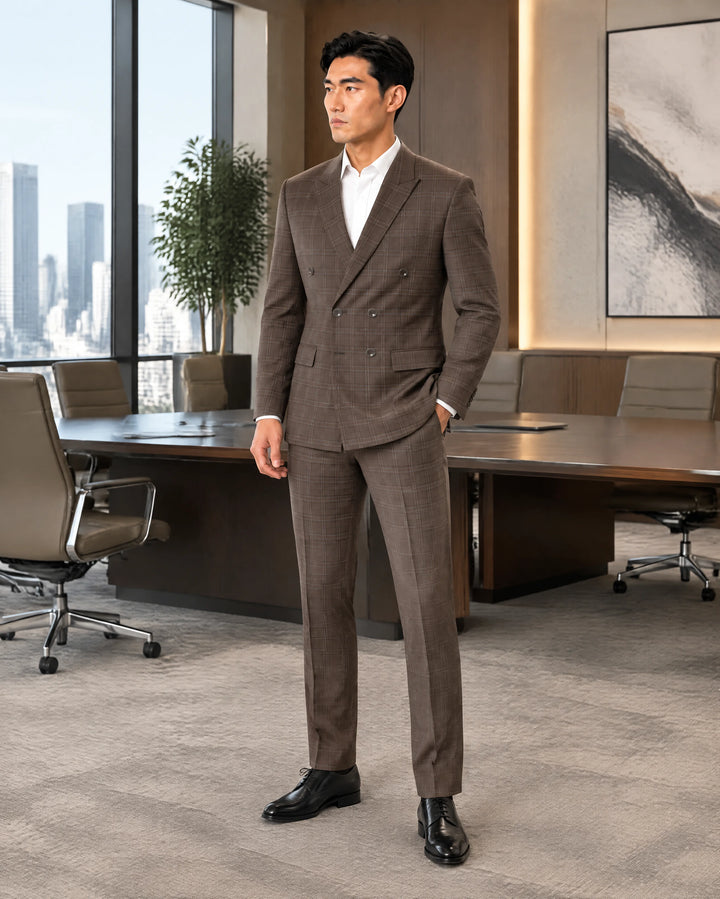 Brown Checked Slim Fit Lapel Collar Double Breasted Causal Blazer