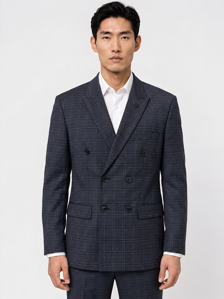 Blue Checked Slim Fit Lapel Collar Double Breasted Causal Blazer