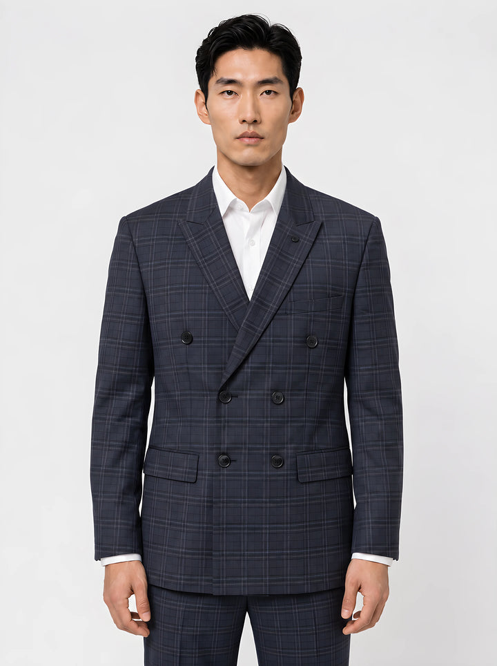 Blue Checked Slim Fit Lapel Collar Double Breasted Causal Blazer