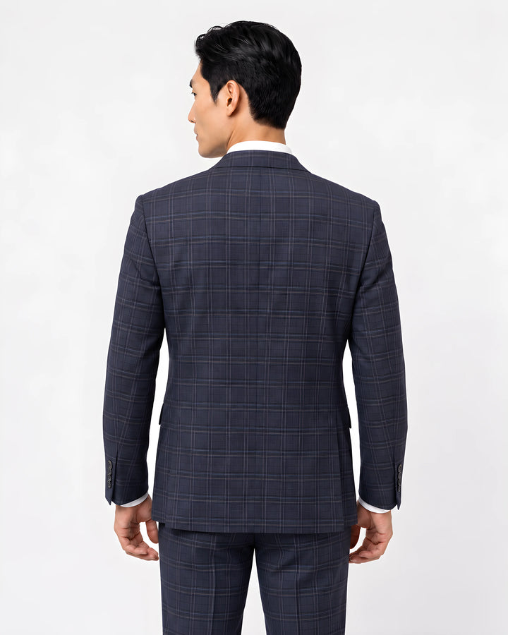 Blue Checked Slim Fit Lapel Collar Double Breasted Causal Blazer