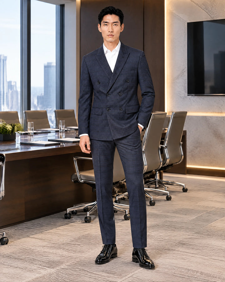 Blue Checked Slim Fit Lapel Collar Double Breasted Causal Blazer