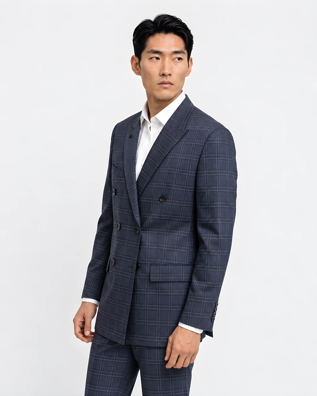 Blue Checked Slim Fit Lapel Collar Double Breasted Causal Blazer