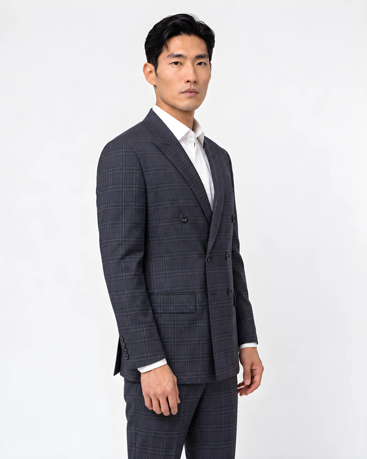Blue Checked Slim Fit Lapel Collar Double Breasted Causal Blazer