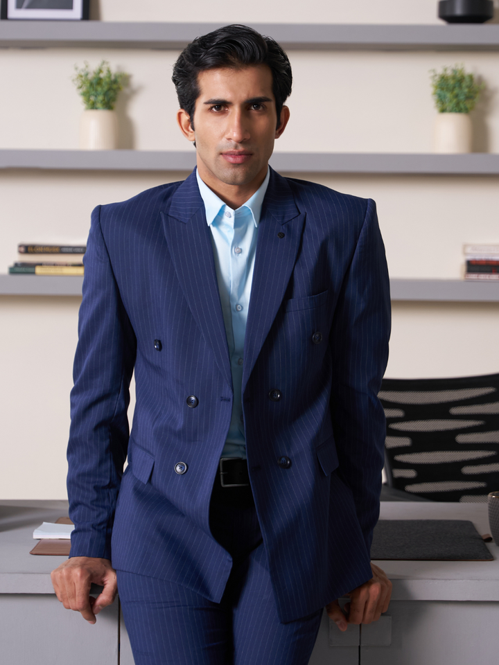Navy Striped Slim Fit Lapel Collar Double Breasted Causal Blazer