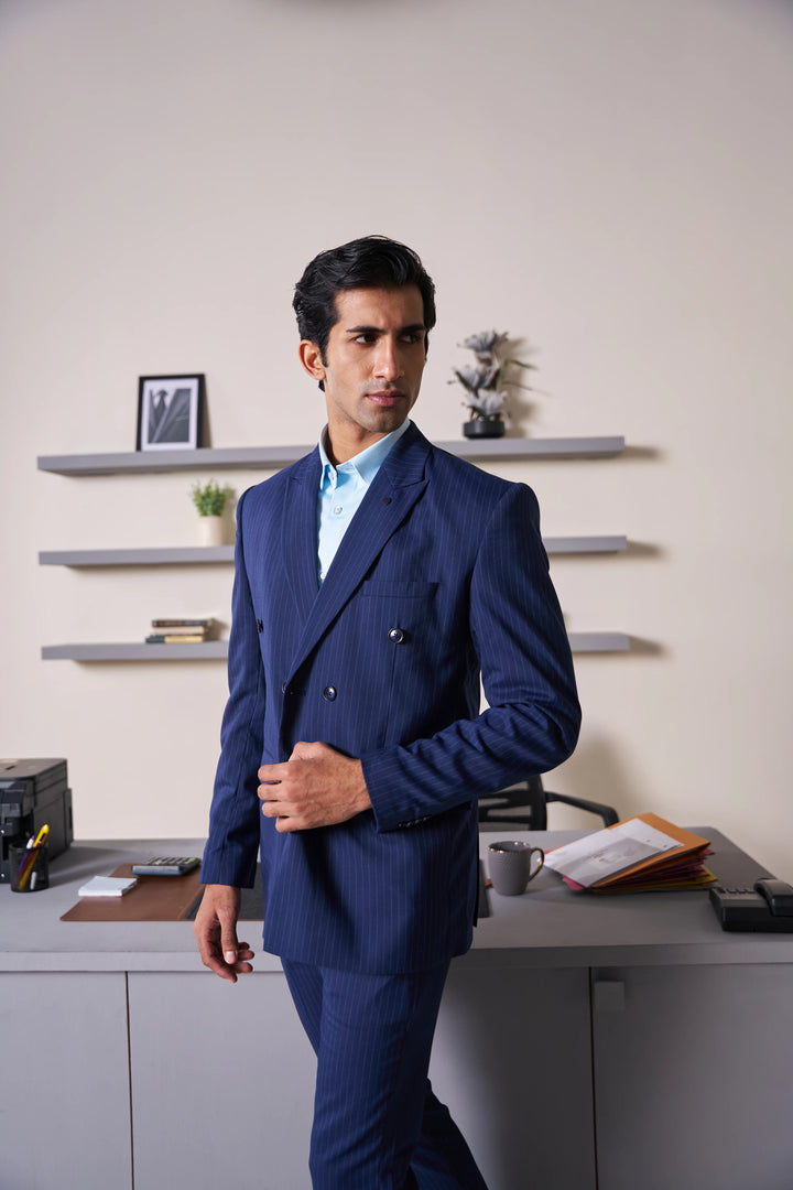 Navy Striped Slim Fit Lapel Collar Double Breasted Causal Blazer