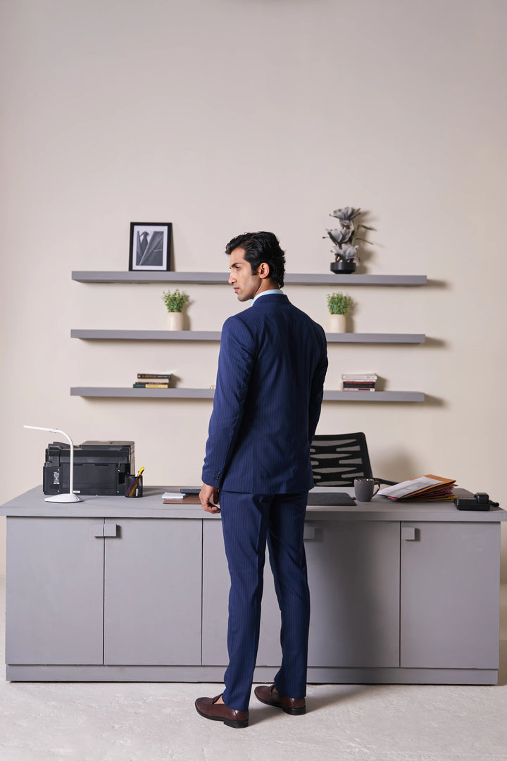 Navy Striped Slim Fit Lapel Collar Double Breasted Causal Blazer