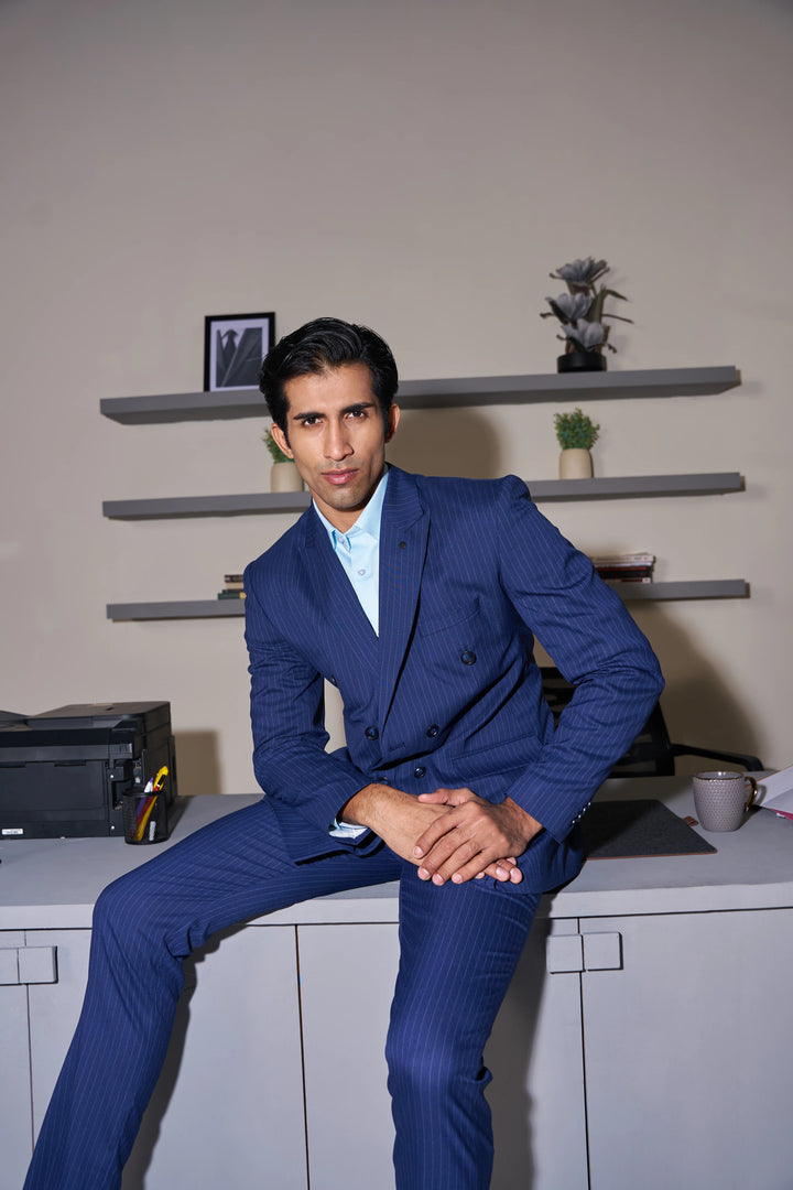 Navy Striped Slim Fit Lapel Collar Double Breasted Causal Blazer
