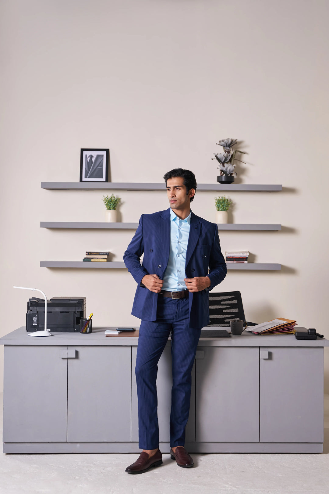 Navy Striped Slim Fit Lapel Collar Double Breasted Causal Blazer