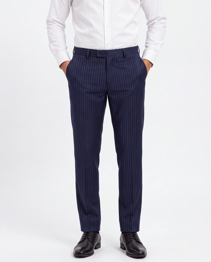 Blue Slim Fit Striped  Formal Trouser