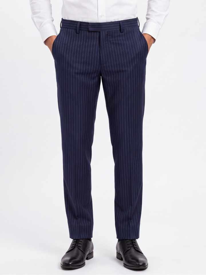 Blue Slim Fit Striped  Formal Trouser