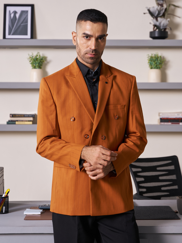 Rust Striped Slim Fit Lapel Collar Double Breasted Causal Blazer
