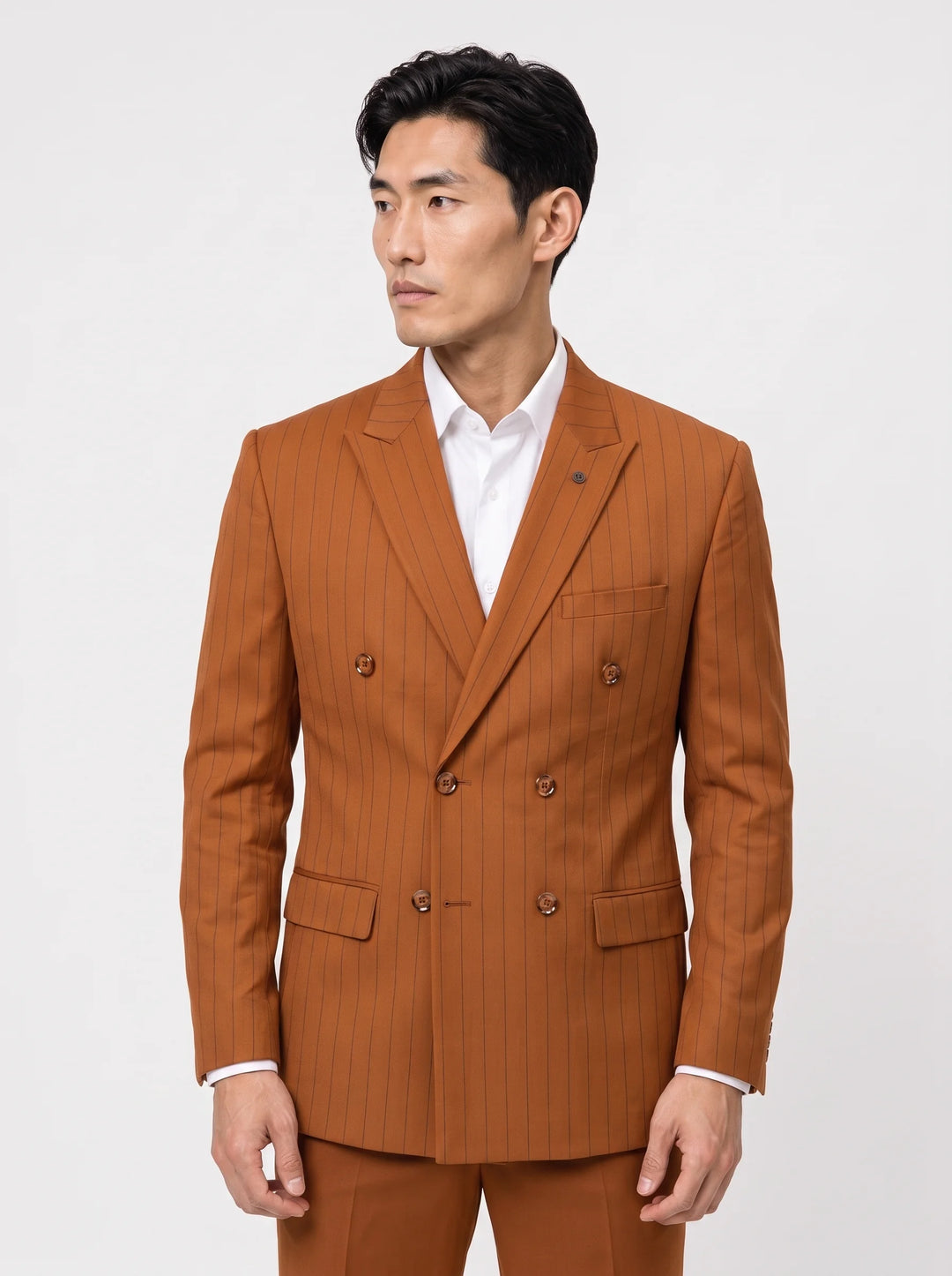 Rust Striped Slim Fit Lapel Collar Double Breasted Causal Blazer