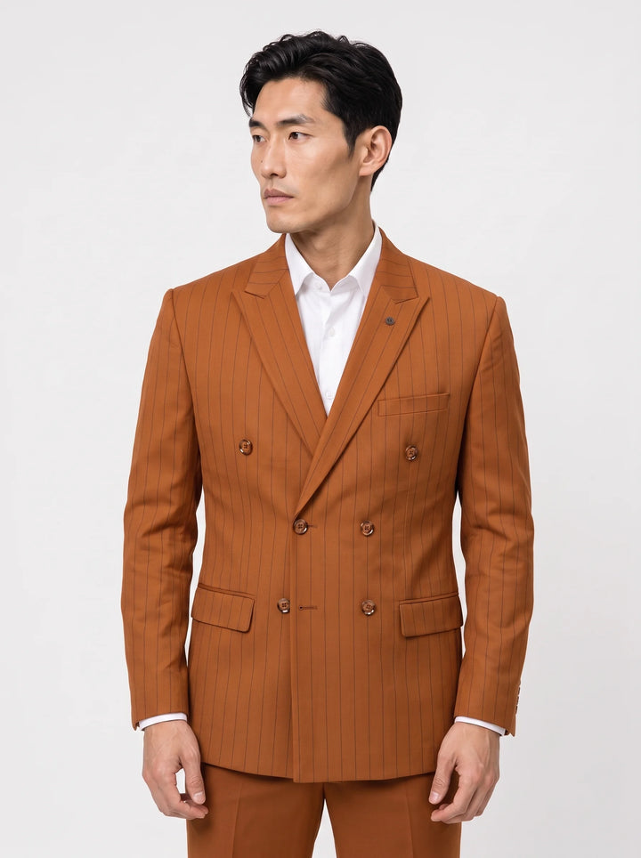 Rust Striped Slim Fit Lapel Collar Double Breasted Causal Blazer
