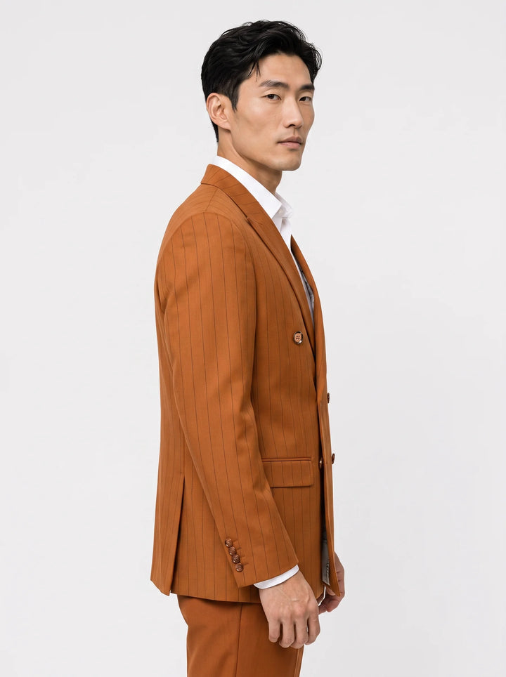 Rust Striped Slim Fit Lapel Collar Double Breasted Causal Blazer