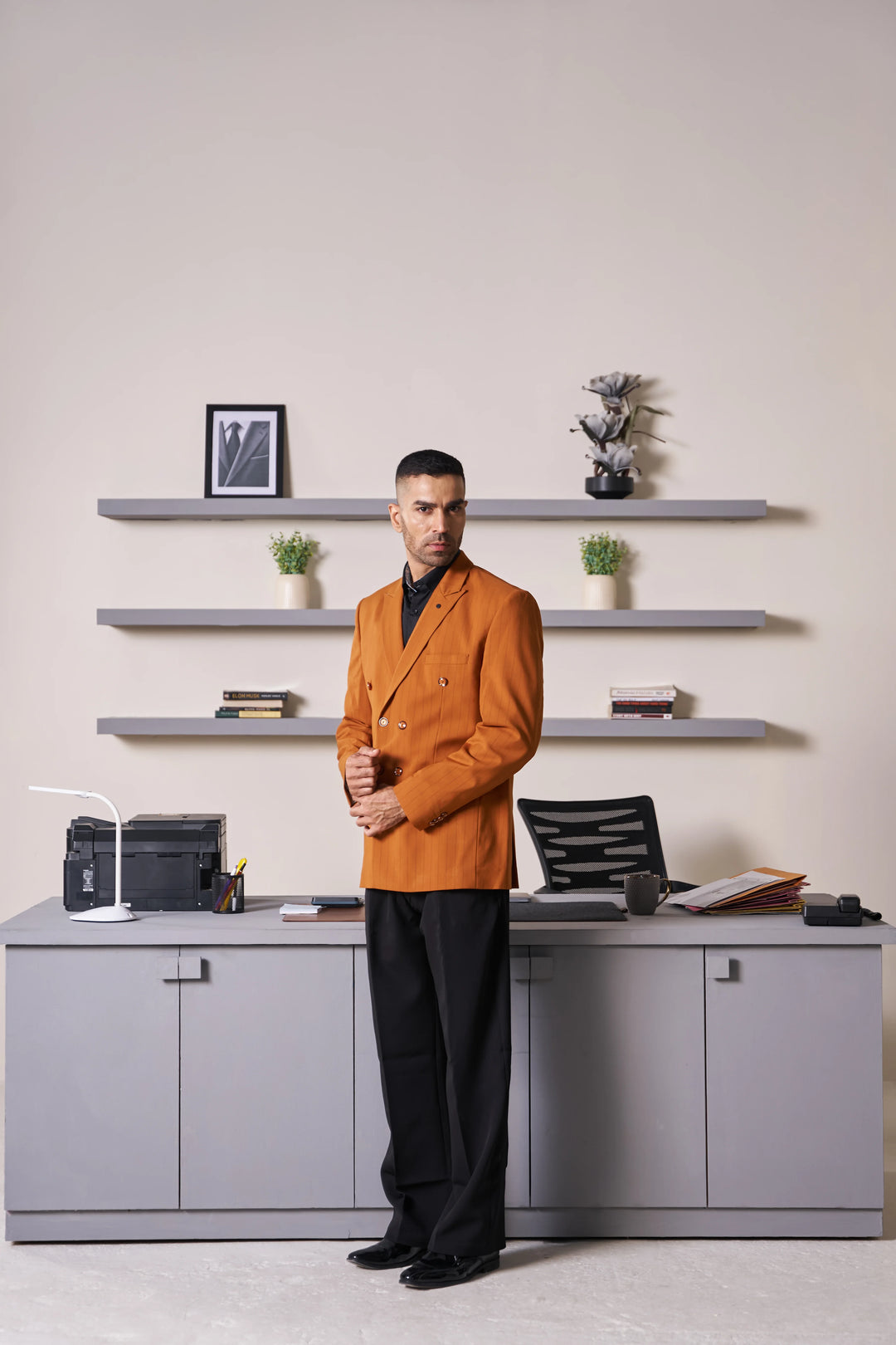 Rust Striped Slim Fit Lapel Collar Double Breasted Causal Blazer