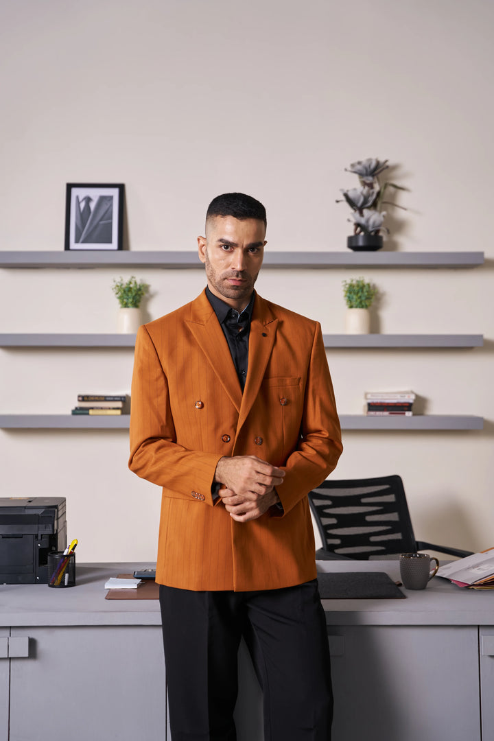 Rust Striped Slim Fit Lapel Collar Double Breasted Causal Blazer