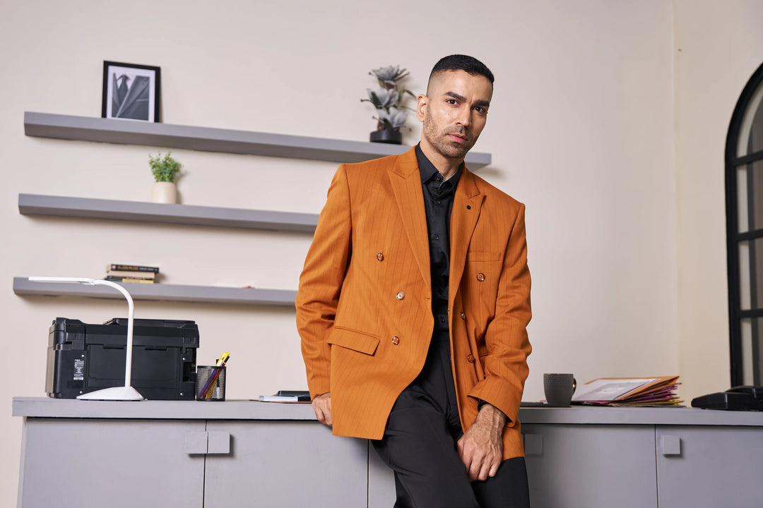 Rust Striped Slim Fit Lapel Collar Double Breasted Causal Blazer