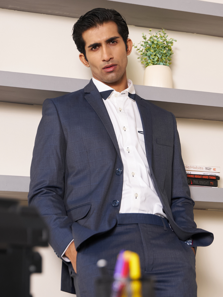 Navy Checked Slim Fit Lapel Collar Causal Blazer