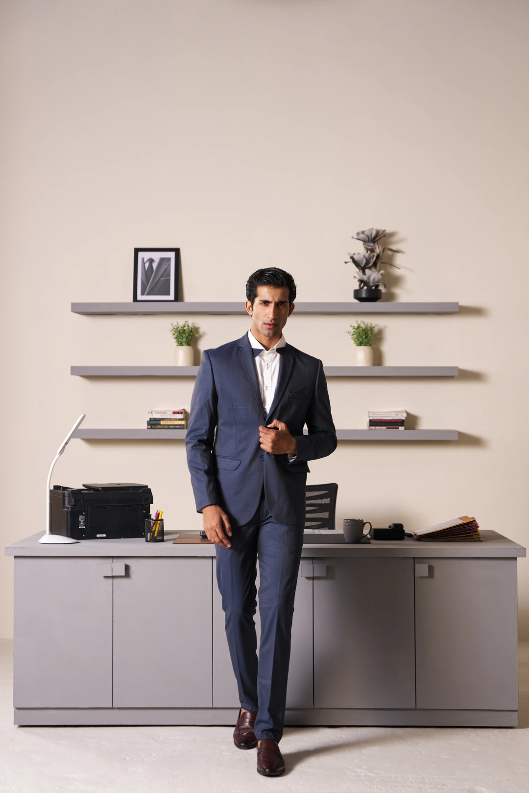 Navy Checked Slim Fit Lapel Collar Causal Blazer