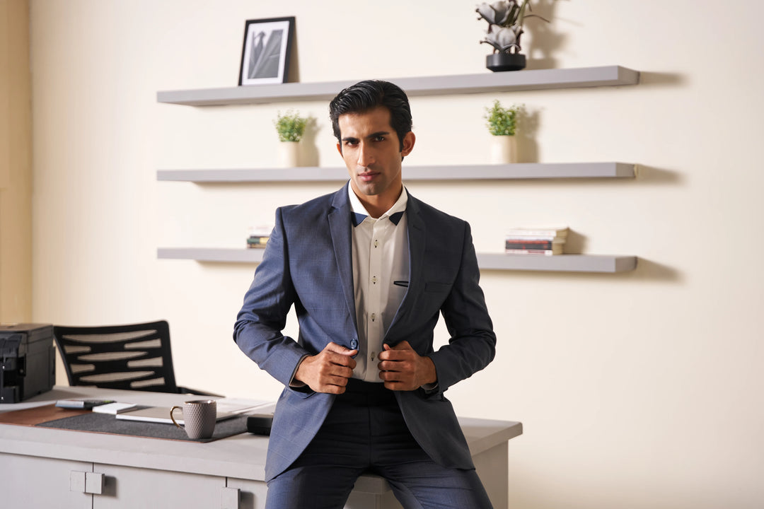 Navy Checked Slim Fit Lapel Collar Causal Blazer