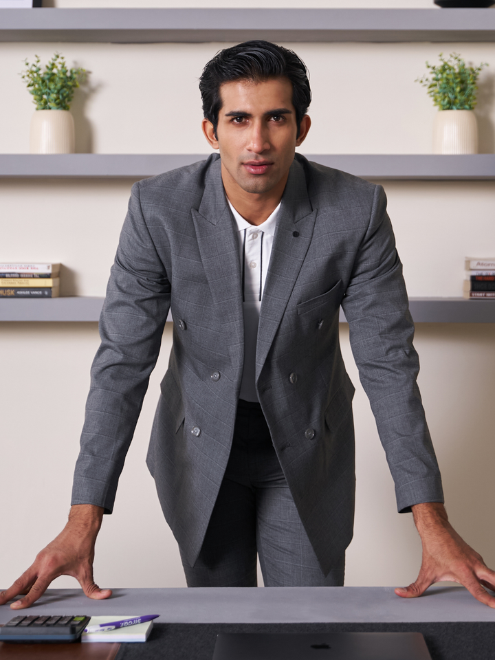 Grey Checked Slim Fit Lapel Collar Double Breasted Causal Blazer