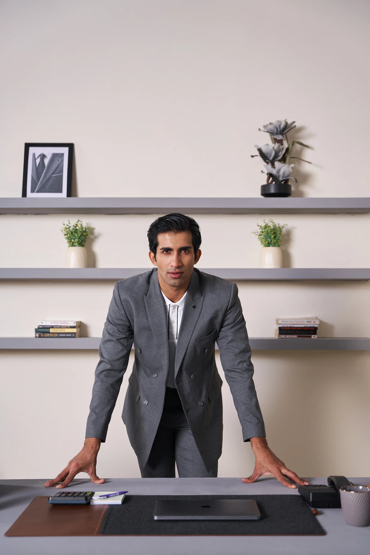 Grey Checked Slim Fit Lapel Collar Double Breasted Causal Blazer