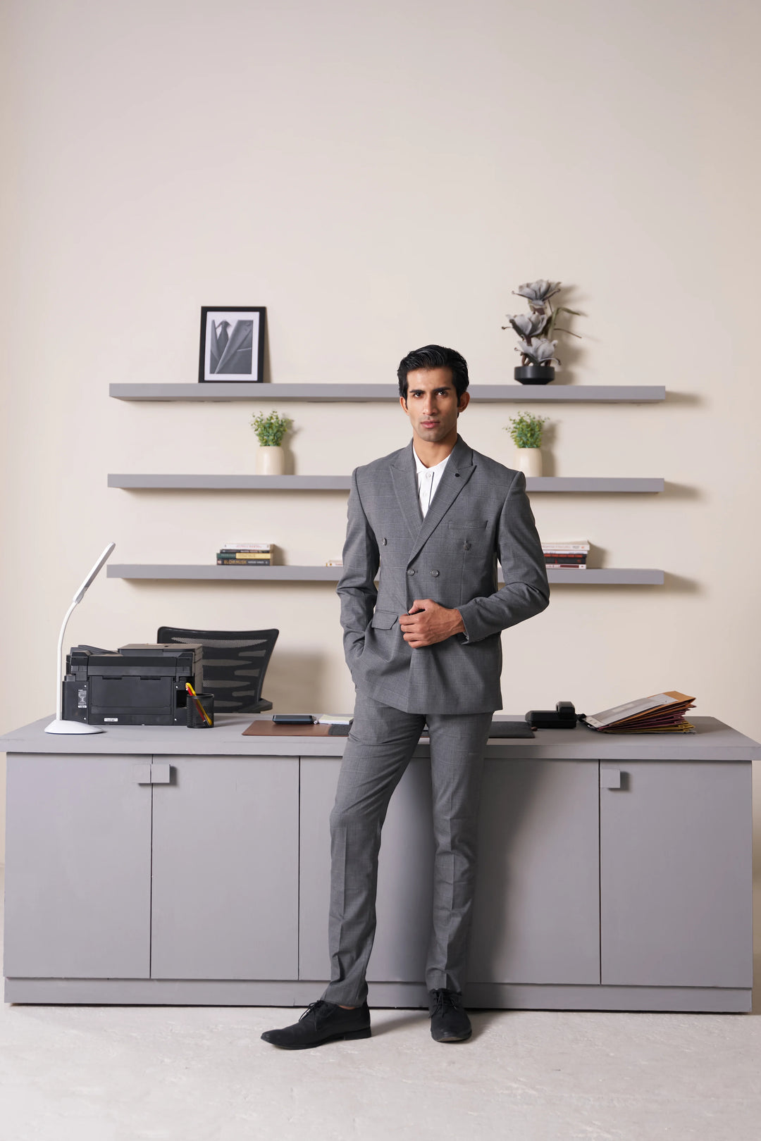 Grey Checked Slim Fit Lapel Collar Double Breasted Causal Blazer