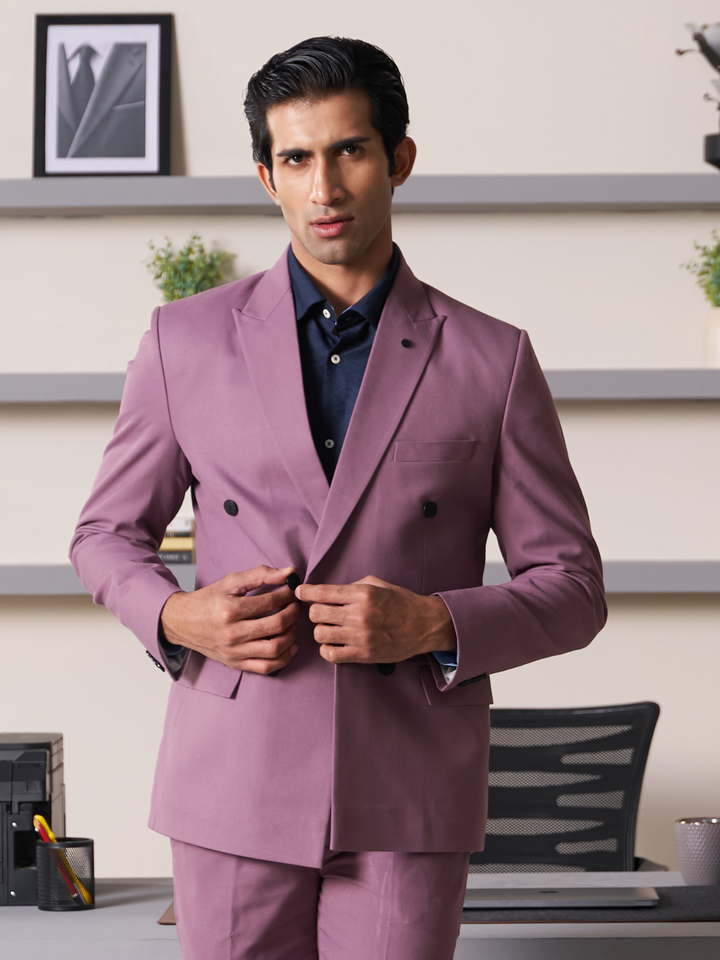 Pink Solid Slim Fit Lapel Collar Double Breasted Causal Blazer