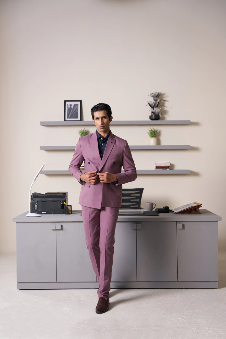 Pink Solid Slim Fit Lapel Collar Double Breasted Causal Blazer