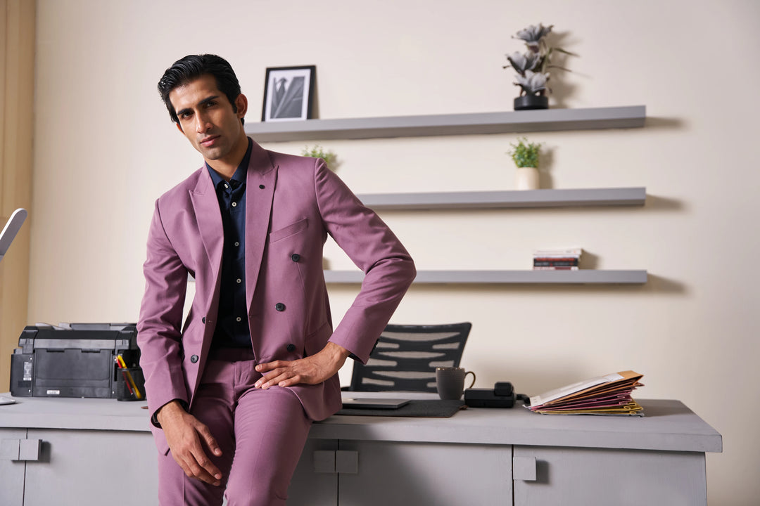 Pink Solid Slim Fit Lapel Collar Double Breasted Causal Blazer