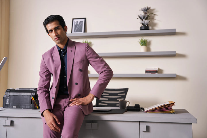 Pink Solid Slim Fit Lapel Collar Double Breasted Causal Blazer
