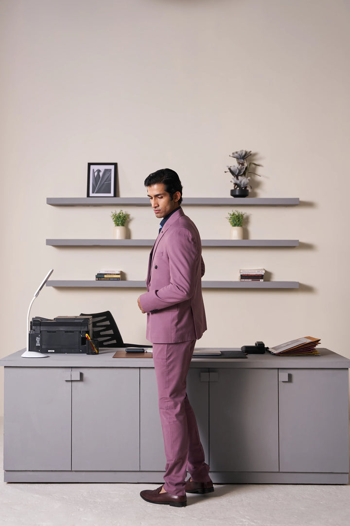 Pink Solid Slim Fit Lapel Collar Double Breasted Causal Blazer