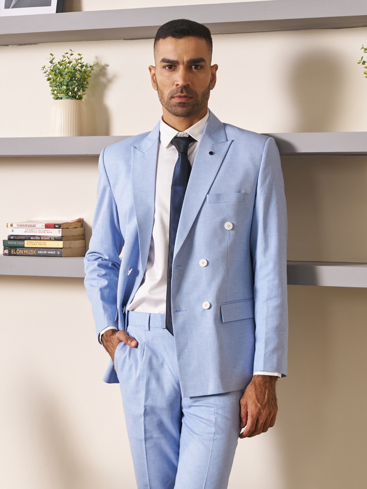 Blue Solid Slim Fit Lapel Collar Double Breasted Causal Blazer