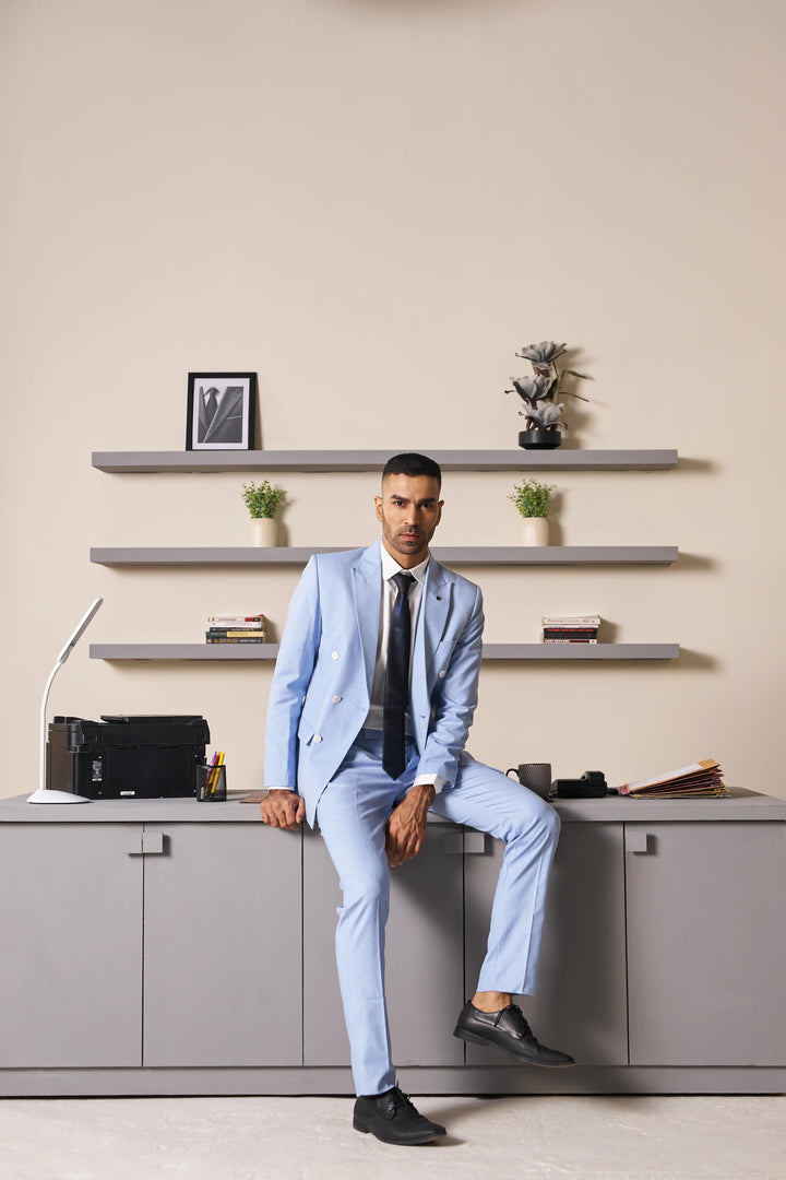Blue Solid Slim Fit Lapel Collar Double Breasted Causal Blazer