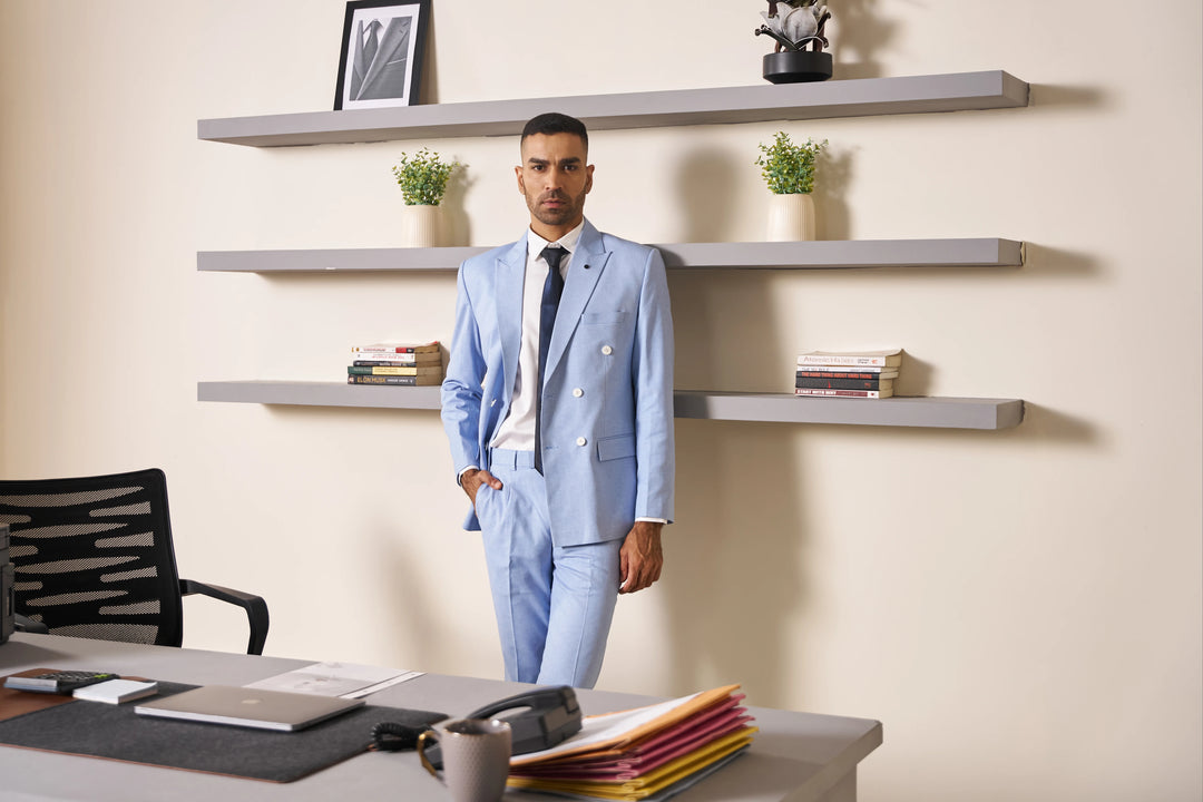 Blue Solid Slim Fit Lapel Collar Double Breasted Causal Blazer