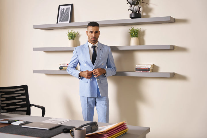 Blue Solid Slim Fit Lapel Collar Double Breasted Causal Blazer