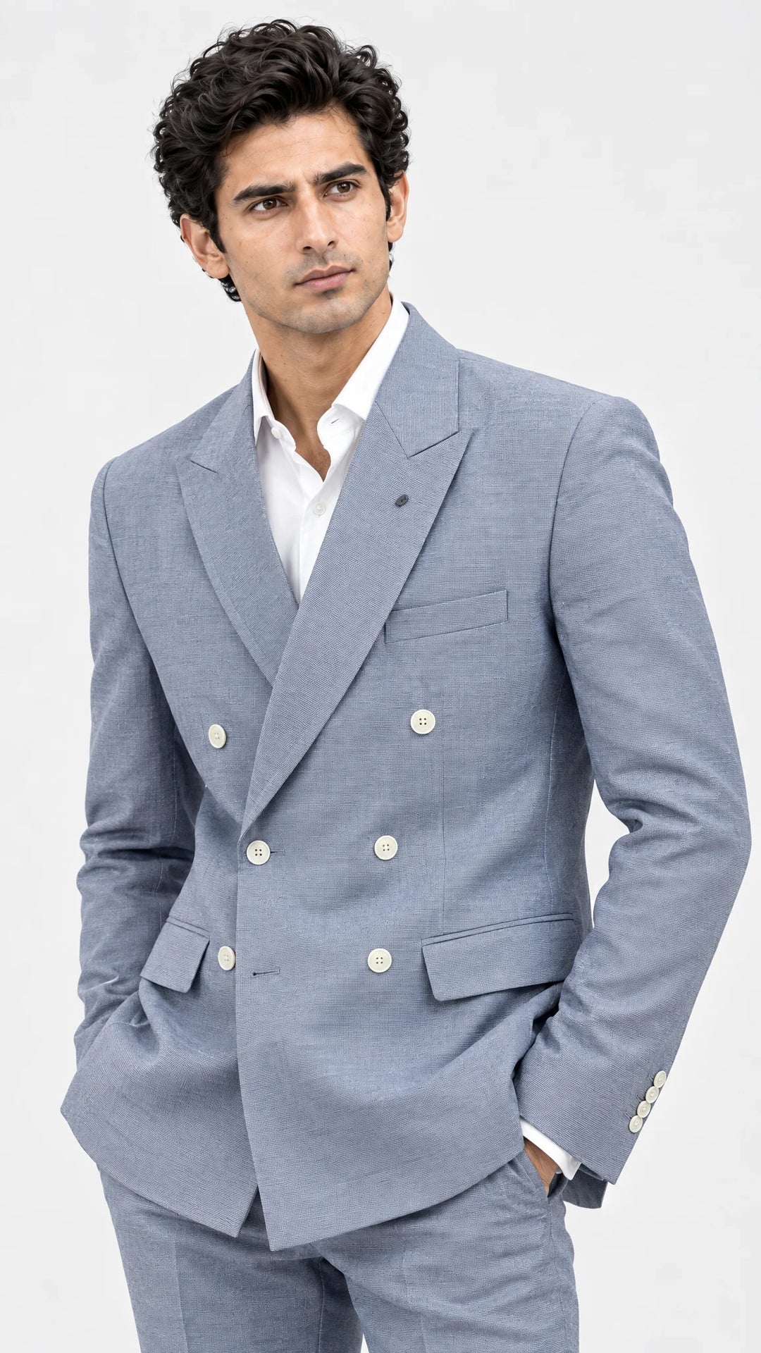 Blue Solid Slim Fit Lapel Collar Double Breasted Causal Blazer