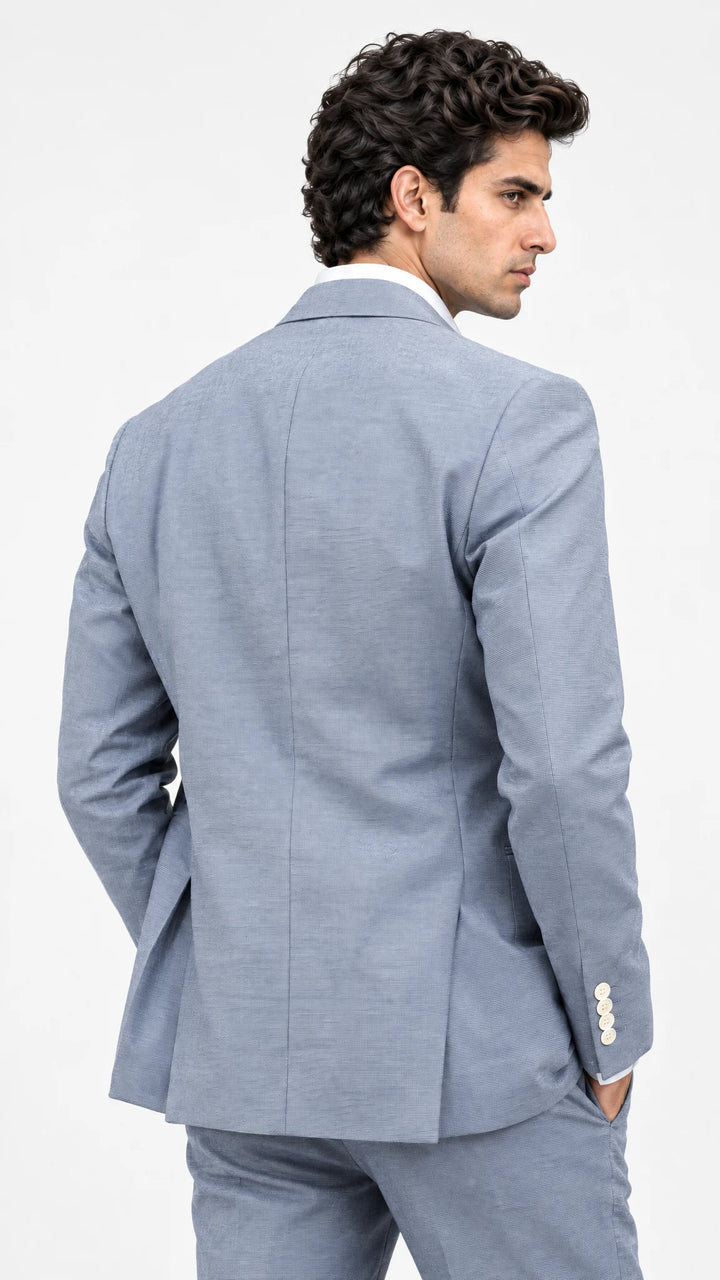 Blue Solid Slim Fit Lapel Collar Double Breasted Causal Blazer
