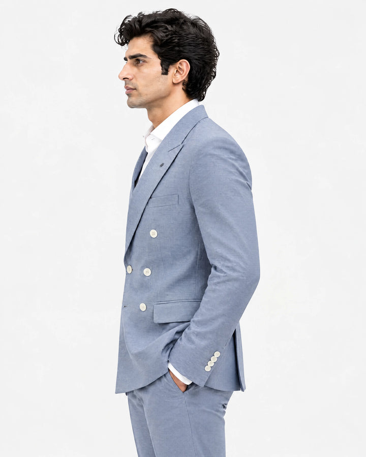 Blue Solid Slim Fit Lapel Collar Double Breasted Causal Blazer