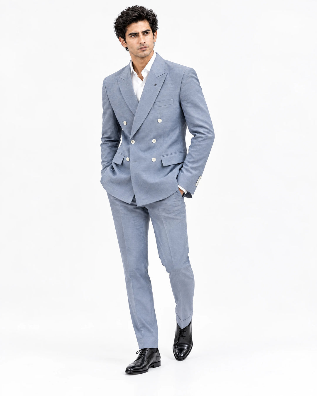 Blue Solid Slim Fit Lapel Collar Double Breasted Causal Blazer